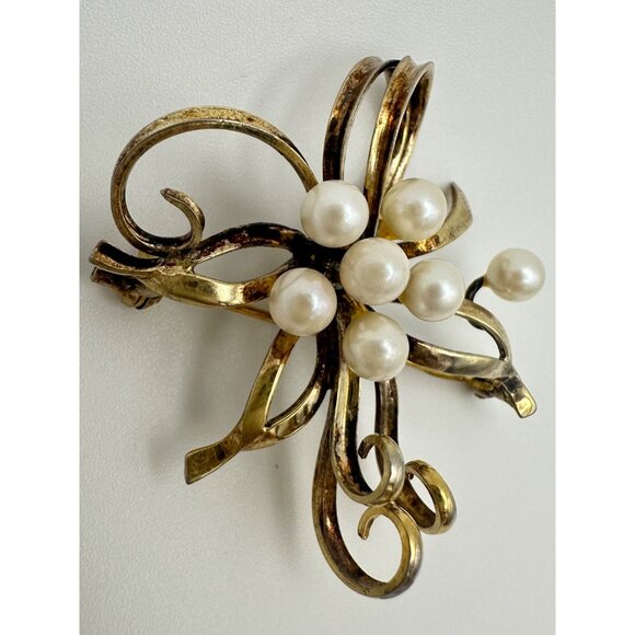RR vintage sterling silver gold vermeil real freshwater pearls ribbon brooch pin - Picture 3 of 8
